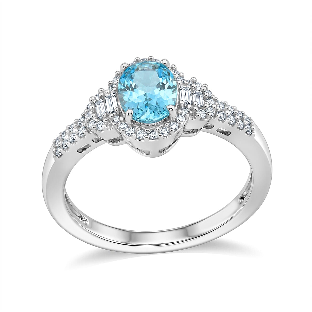 D'Joy Premium Cambodian Blue Zircon, Moissanite Starlight Aura Ring in Rhodium Over Sterling Silver (Size 10.0) 2.20 ctw
