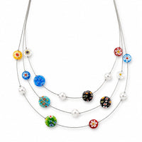 Multi Color Murano Glass ,  White Shell Pearl  Fancy Necklace (Size - 18) Pure White Stainless Steel
