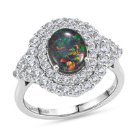 Certified & Appraised D'Joy Premium Australian Black Ridge Opal Triplet, Moissanite Ring in Rhodium Over Sterling Silver (Size 10.0) 2.20 ctw