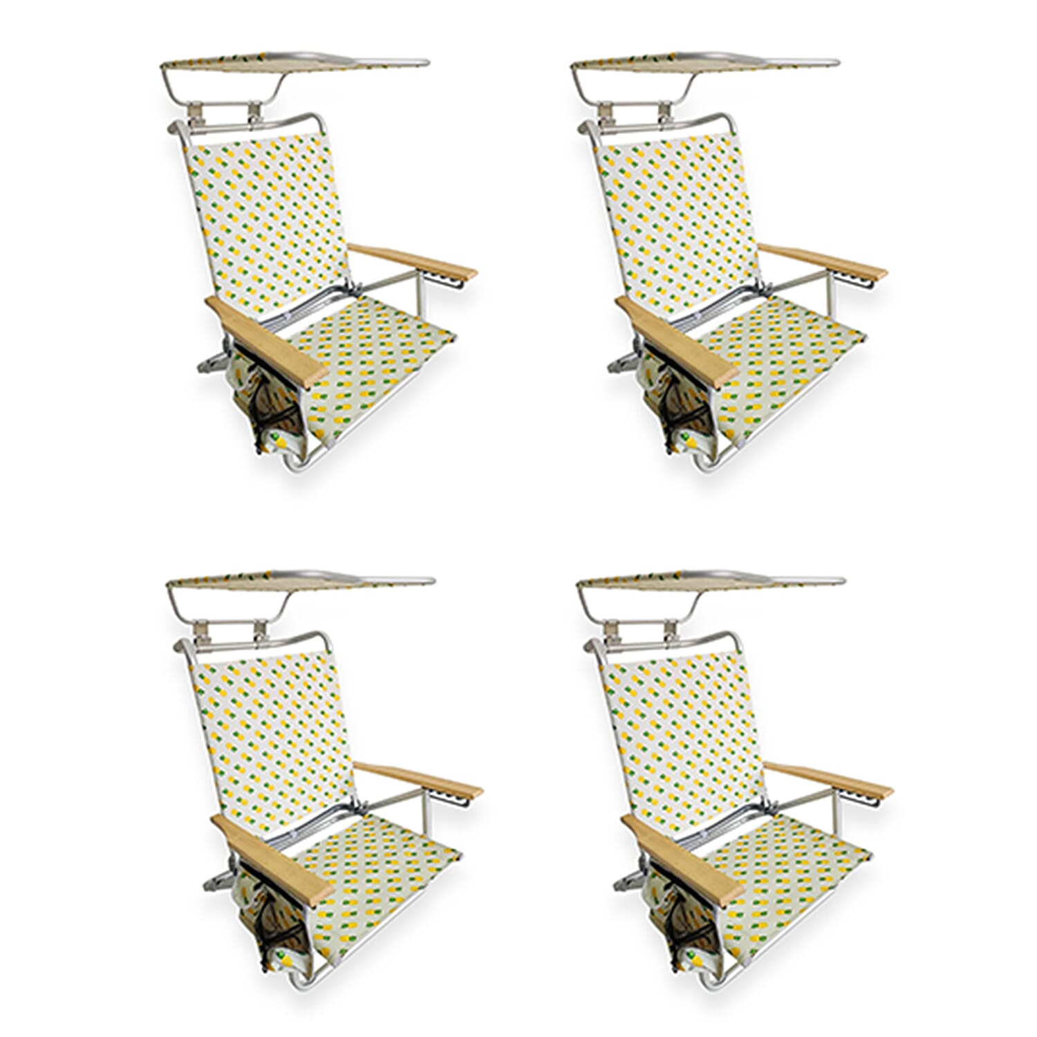 Bliss Set of 4 Folding Beach Chairs with Canopy, Pocket, Cup Holder & Carry Straps - Pineapple