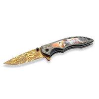 Razor Tactical Bear Pattern Gold Titanium Blade Folding Knife