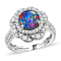 Certified & Appraised D'Joy Premium Australian Opal Triplet and Moissanite 2.25 ctw Ring in Rhodium Over Sterling Silver