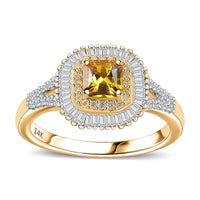 Doorbuster Certified & Appraised Luxoro 14K Yellow Gold AAA Songea Sapphire, White and Yellow Diamond (I2) (0.62 cts) Double Halo Ring (Size 7.0) (Del. in 7-10 Days) 1.45 ctw