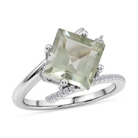 Princess Cut Montezuma Prasiolite, White Corundum Ring in Rhodium Over Sterling Silver (Size 6.0) 3.70 ctw