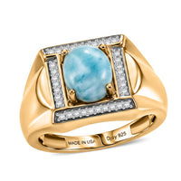 D'Joy AAA Larimar, Moissanite Men's Ring in 18K Vermeil YG Sterling Silver (Size 9.0) 3.65 ctw