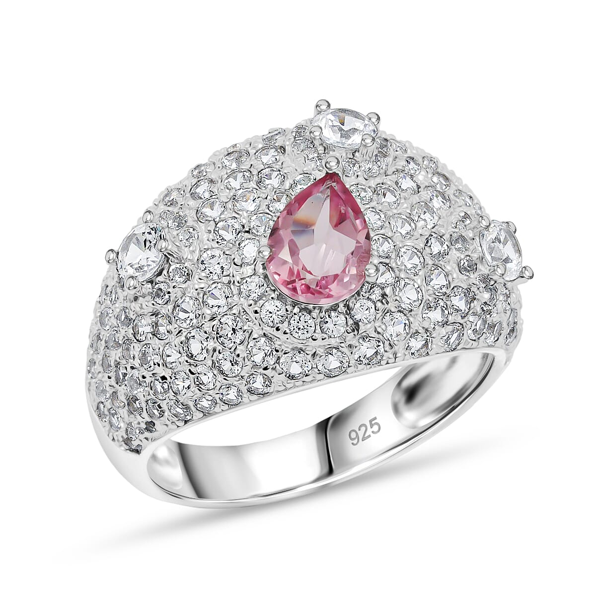 Pink Quartz and White Corundum 0.75 ctw Ring in Rhodium Over Sterling Silver (Size 6.0)