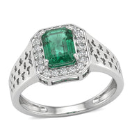 D'Joy AAA Kagem Zambian Emerald, Moissanite Men's Ring in Rhodium Over Sterling Silver (Size 10.0) 2.00 ctw