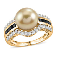 D'Joy Premium Golden South Sea Pearl 9-11mm, Multi Gemstone Ring in 18K Vermeil YG Over Sterling Silver (Size 10.0) 0.90 ctw