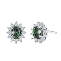D'Joy Premium Malawi Green Sapphire, White Zircon Stud Earrings in Rhodium Over Sterling Silver 1.60 ctw