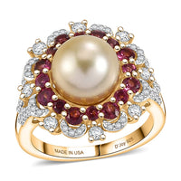 D'Joy Golden South Sea Pearl 9-11mm, Multi Gemstone Ring in 18K Vermeil YG Over Sterling Silver (Size 10.0) 2.35 ctw