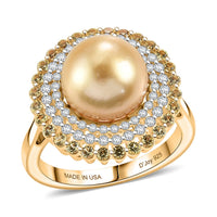 D'Joy Premium Golden South Sea Pearl and Multi Gemstone 1.10 ctw Ring in 18K Vermeil Yellow Gold Over Sterling Silver (Size 7.0)