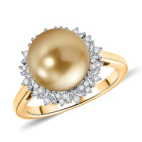 Luxoro 10K Yellow Gold Premium Golden South Sea Pearl 9-11mm, Diamond (I2) Ring (Size 10.0) 0.30 ctw