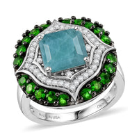 D'Joy Asscher Cut Premium Grandidierite, Multi Gemstone Ocean Mosaic Ring in Rhodium Over Sterling Silver (Size 10.0) (Ships in 08-10 Days) 3.90 ctw