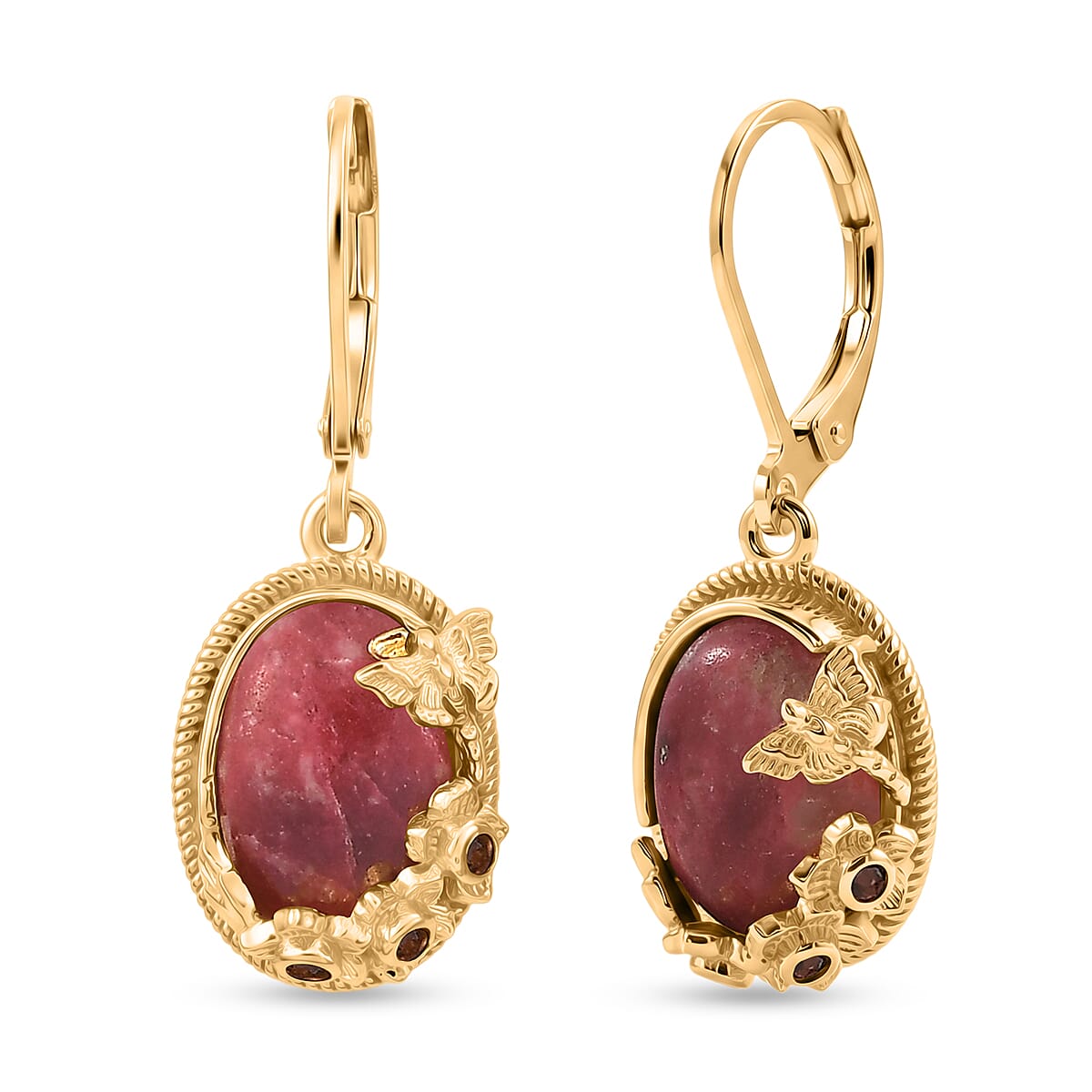 EverTrue Premium Norwegian Thulite and Orissa Rhodolite Garnet 9.90 ctw Butterfly in Bloom Earrings in 18K Yellow Gold Plated (Ships in 10-12 Days)