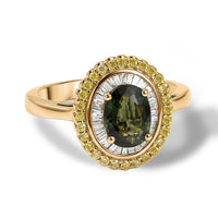 Luxoro 10K Yellow Gold Premium Malawi Green Sapphire, Natural Yellow and White Diamond (I2) (0.34 cts) Majestic Sunburst Ring (Size 6.0) 2.00 ctw