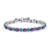 D'Joy AAA Zambian Amethyst, Sleeping Beauty Turquoise Regal Gemstone Line Bracelet in Rhodium Over Sterling Silver (7.25 In) 13.15 ctw