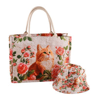 La Marey Yellow Floral and Cat Print Set of Bag (16.9"x12.9"x5.5") and Bucket Hat (22.8")