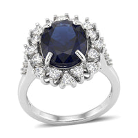 D'Joy Premium Kanchanaburi Blue Sapphire (DF), Moissanite Ring in Rhodium Over Sterling Silver (Size 10.0) 8.25 ctw
