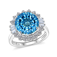 Certified & Appraised D'Joy Crazy Fire Cut Premium Swiss Blue Topaz, Moissanite Ring in Rhodium Over Sterling Silver (Size 10.0) 6.60 ctw
