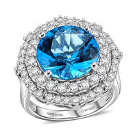 Certified & Appraised D'Joy Pinwheel Cut Premium Swiss Blue Topaz and Moissanite 8.15 ctw Ring in Rhodium Over Sterling Silver