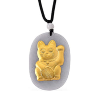 24K Yellow Gold Natural White Jade and Olmec Jadeite Carved Maneki Neko Cat Necklace (28 Inches) 115.00 ctw