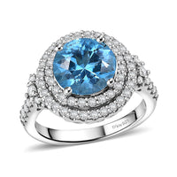 Certified & Appraised D'Joy Premium Fancy Cut Swiss Blue Topaz and Moissanite 3.85 ctw Ring in Rhodium Over Sterling Silver