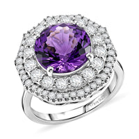 D'Joy Pinwheel Cut Premium Zambian Amethyst, Moissanite Ring in Rhodium Over Sterling Silver (Size 10.0) 4.20 ctw