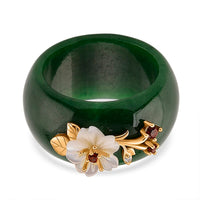 D'Joy Green Jade, Multi Gemstone Band Ring with Mother of Pearl Flower in 14K YG Over Sterling Silver (Size 10.0) 32.20 ctw