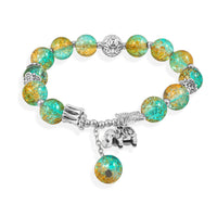 Blue Yellow Glass Beaded Stretch Bracelet with Butterfly and Elephant Charm in Silvertone