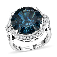 Certified and Appraised D''Joy Premium London Blue Topaz, Moissanite Ring in Rhodium Over Sterling Silver (Size 10.0) 13.20 ctw