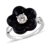 D'Joy Moissanite, Black Jade Carved Flower Ring in Rhodium Over Sterling Silver (Size 10.0) 8.40 ctw