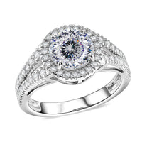 D'Joy 161 Facets Portuguese Cut Moissanite (Rnd 8.5mm) Eternal Sparkle Classic Halo Ring in Rhodium Over Sterling Silver (Size 10.0) 3.00 ctw