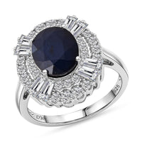 D'Joy Madagascar Blue Sapphire (DF), Moissanite Ring in Rhodium Over Sterling Silver (Size 10.0) 4.30 ctw