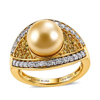 D'Joy Premium South Sea Golden Cultured Pearl (9-11mm), Multi Gemstone Ring in 18K Vermeil YG Over Sterling Silver (Size 10.0) 0.70 ctw