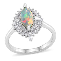 D'Joy Premium Ethiopian Welo Opal, Moissanite Ring in Rhodium Over Sterling Silver (Size 10.0) 1.50 ctw