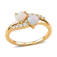 Premium Ethiopian Welo Opal, White Zircon Twin Heart Glow Ring in 14K YG Over Sterling Silver (Size 10.0) 0.90 ctw