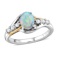 Premium Ethiopian Welo Opal, Moissanite Celestial Swirl Ring in 14K YG and Rhodium Over Sterling Silver (Size 10.0) 1.00 ctw