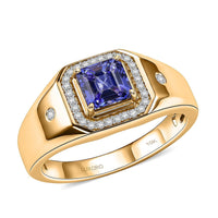 Luxoro Asscher Cut Premium Tanzanite and Diamond I2 1.50 ctw Men's Ring in 10K Yellow Gold 5.85 Grams