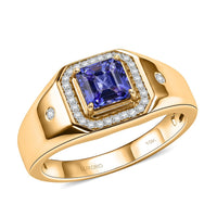 Luxoro Asscher Cut Premium Tanzanite and Diamond I2 1.50 ctw Men's Ring in 10K Yellow Gold 5.85 Grams