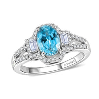 D'Joy Premium Cambodian Blue Zircon, Moissanite Ocean Majesty Ring in Rhodium Over Sterling Silver (Size 10.0) 2.10 ctw