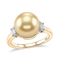 10K Yellow Gold Premium South Sea Golden Cultured Pearl (9-11mm), Luxuriant Lab Grown Diamond (E-F, VS) Ring (Size 6.0) 0.20 ctw