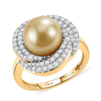 D'Joy Premium South Sea Golden Cultured Pearl (10mm), Moissanite Ring in 18K Vermeil YG Over Sterling Silver (Size 10.0) 0.75 ctw