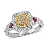 Modani 14K White and Yellow Gold Natural Yellow and White Diamond (VS1), Ruby Ring (Size 5.0) 1.37 ctw