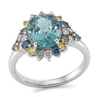 Premium Cambodian Blue Zircon, Luxuriant Lab Grown Multi Diamond (SI) (0.73 cts) Ocean Rainbow Halo Ring in Rhodium Over Sterling Silver (Size 10.0) 4.85 ctw