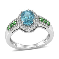 D'Joy Premium Cambodian Blue Zircon, Multi Gemstone Sea Sparkle Ring in Rhodium Over Sterling Silver (Size 10.0) 2.80 ctw