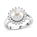 EverTrue Freshwater Pearl, Moissanite Starlight Pearl Ring in Platinum Bond (Size 10.0) 0.35 ctw - Sticky add to cart bar