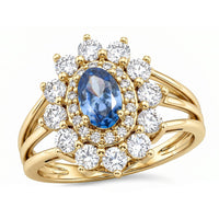 Simulated Blue and White Diamond Ring in 14K YG Over Sterling Silver (Size 7.0)