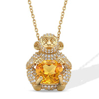 Simulated Citrine and Simulated Black Diamond 1.00 ctw Monkey with Baby Love Necklace (20-22 Inches) in Goldtone