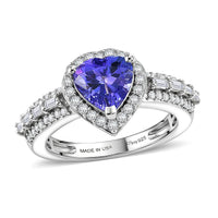 D'Joy Premium Tanzanite, Moissanite Heart Ring in Rhodium Over Sterling Silver (Size 10.0) 1.80 ctw