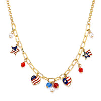 Red Austrian Crystal and Multi Pearl Glass, Enameled USA Independence Day inspired Charm Necklace (20-22 Inches) in Goldtone
